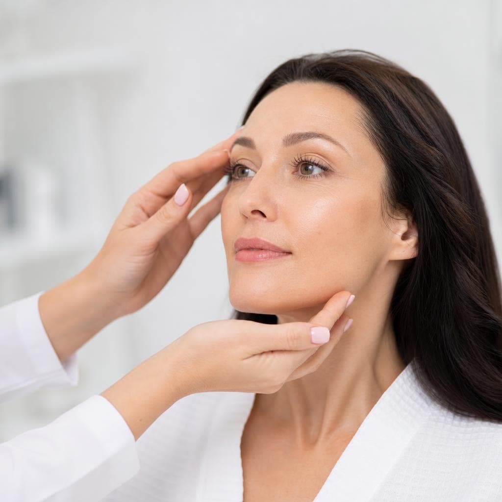Practitioner hands assessing a patient's face during cosmetic surgery consultation